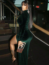 High Neck Long Sleeve Ruched Slit Maxi Party Dress, Fashionable And Sexy